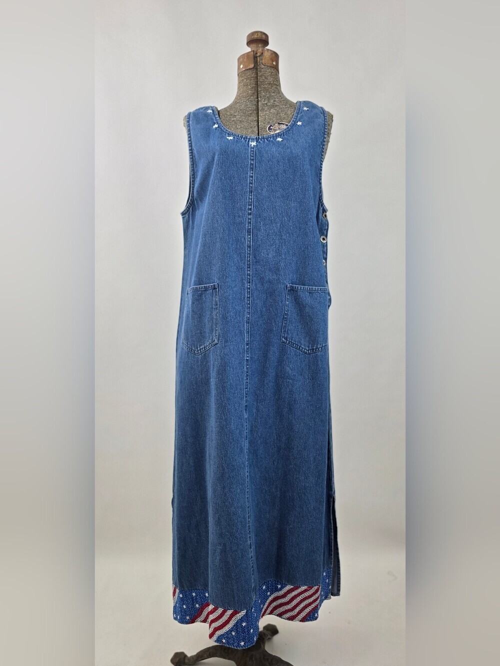 Agapo Vintage 90's Women's American Flag USA Embroidered Hem Floral Denim Maxi L